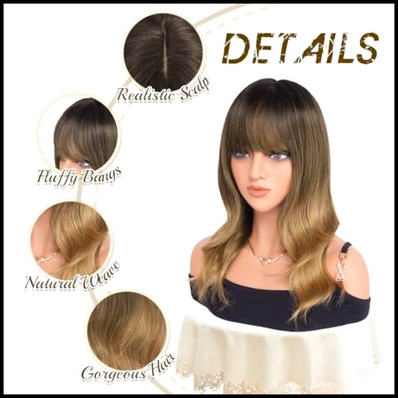Synthetic Wavy Wig with Bangs Heat Resistant Medium Length Elegant Party Wear